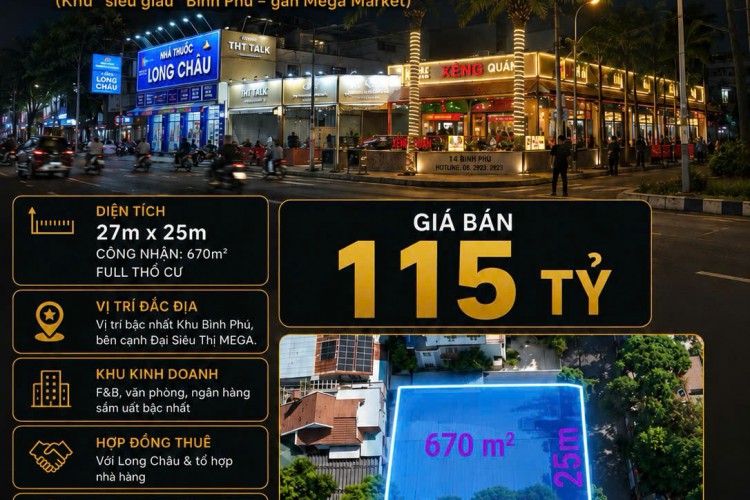 Bán đất góc 12-13-14-15 Bình Phú - 27x25m = 670m2 - Kế bên Công viên - Giá 115 tỷ!