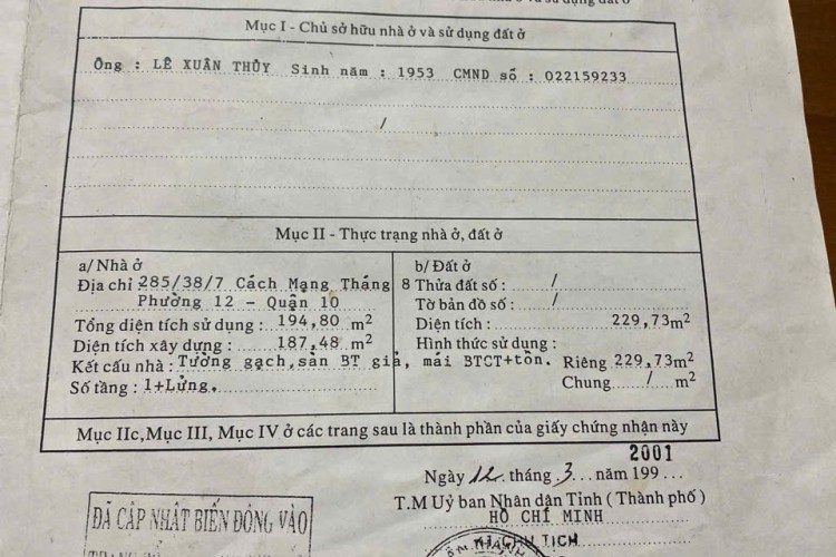 Bán nhà 285/68D Cách Mạng Tháng 8 - DT 11x26m = 230m2 - Một lầu - Giá 36 tỷ!