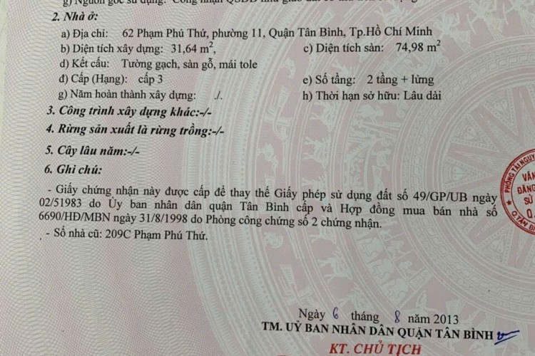 Bán nhà 62 Phạm Phú Thứ - DT 3x9m - 3 tấm - Giá 6,9 tỷ!
